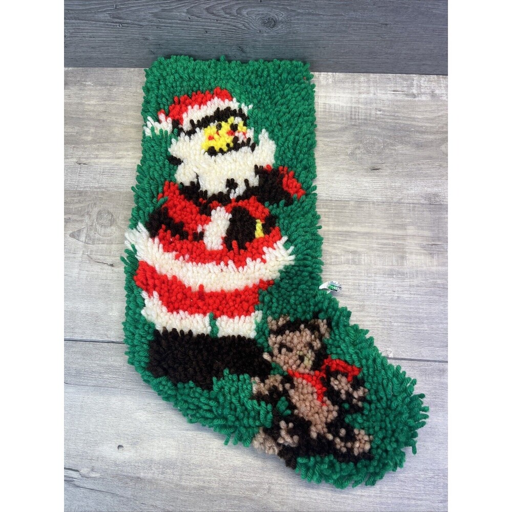 Latch Hook Rug Santa Claus Bear Christmas Stocking Completed Vintage 70s 80s